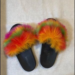 Fuzzy rainbow slides with diamonds on side of sole